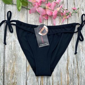 Black Ribbed Side Tie Bikini Swim Bottoms, Size XS
